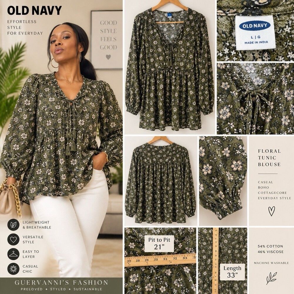 Old Navy Olive Green Florals Blouse Long Sleeve L Tunic Boho Cottagecore